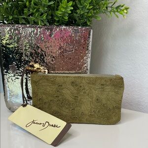 Junior Drake Suede Leather Zipper Coin Wallet Embossed JD Gold Charm Olive Green